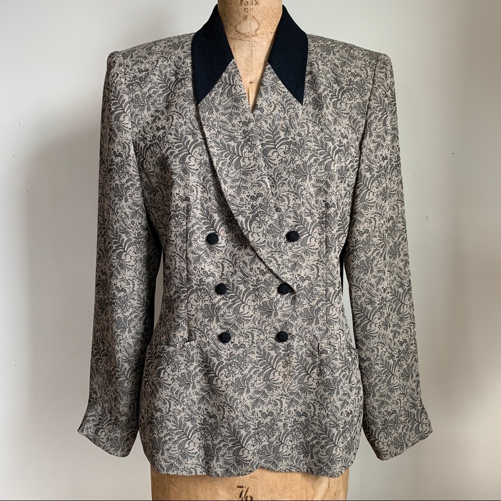 Vintage Kasper tan + black botanical print blazer